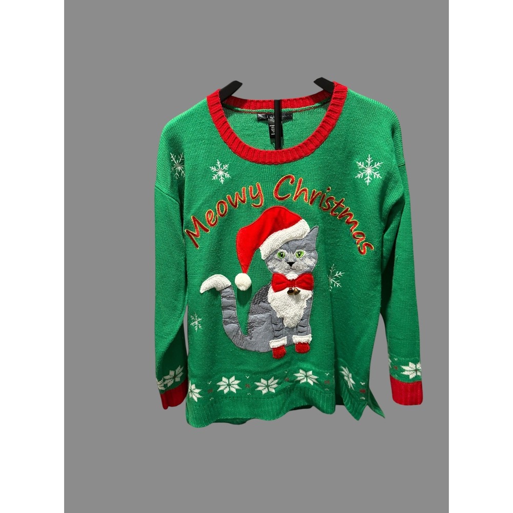 Wild Sisters Holiday Meowy Christmas Cat Ugly Sweater Green Womens 1X S62387W